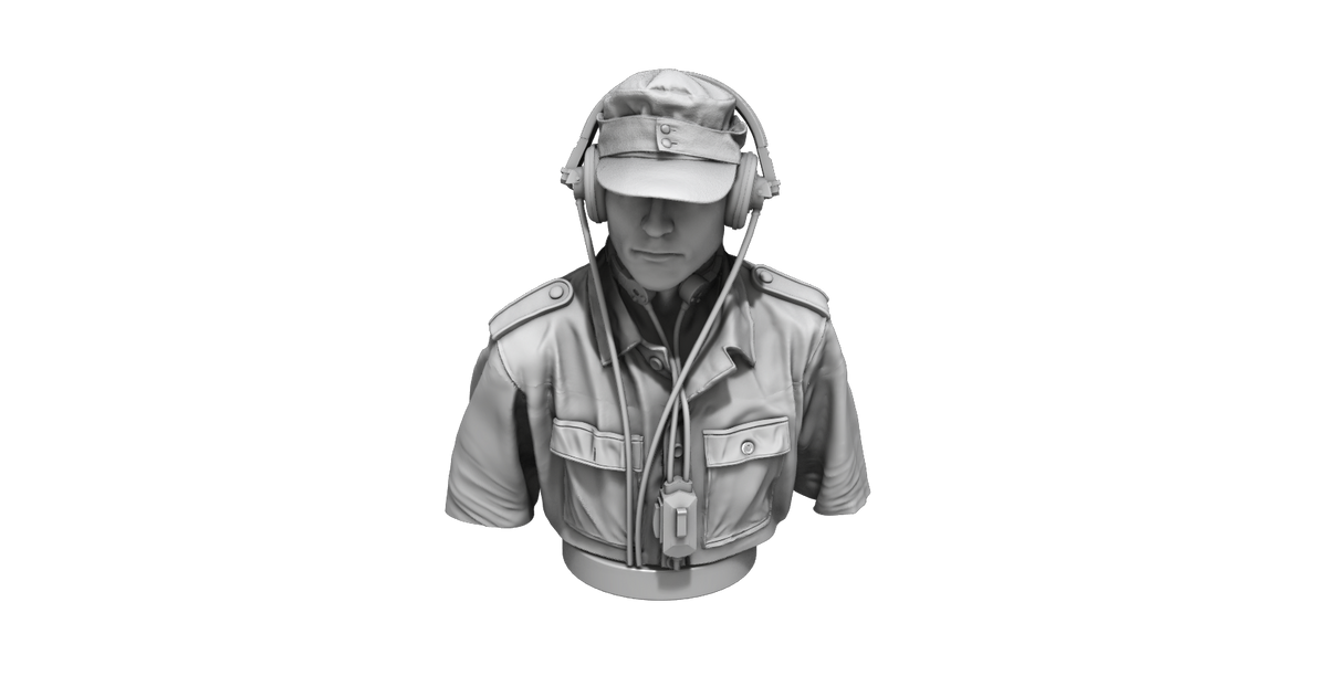 German Tank Crew (Driver) Half Figure. 3D-printed and highly detailed half figure of a German tank driver that fits to an open crew compartment hatch.
