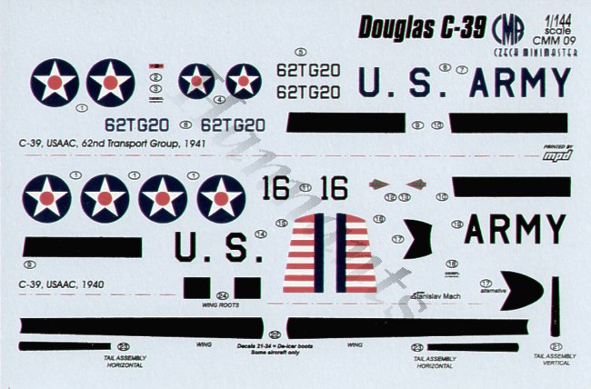 Douglas C-39 with decals for 2 x USAAC aircraft from 1940 and 1941Douglas C-39 - 16 USAAC, Middletown Air Depot, PA, Becember 1940 Douglas C-39 - 62TG20 62nd Transport Group, USAAC, 1940