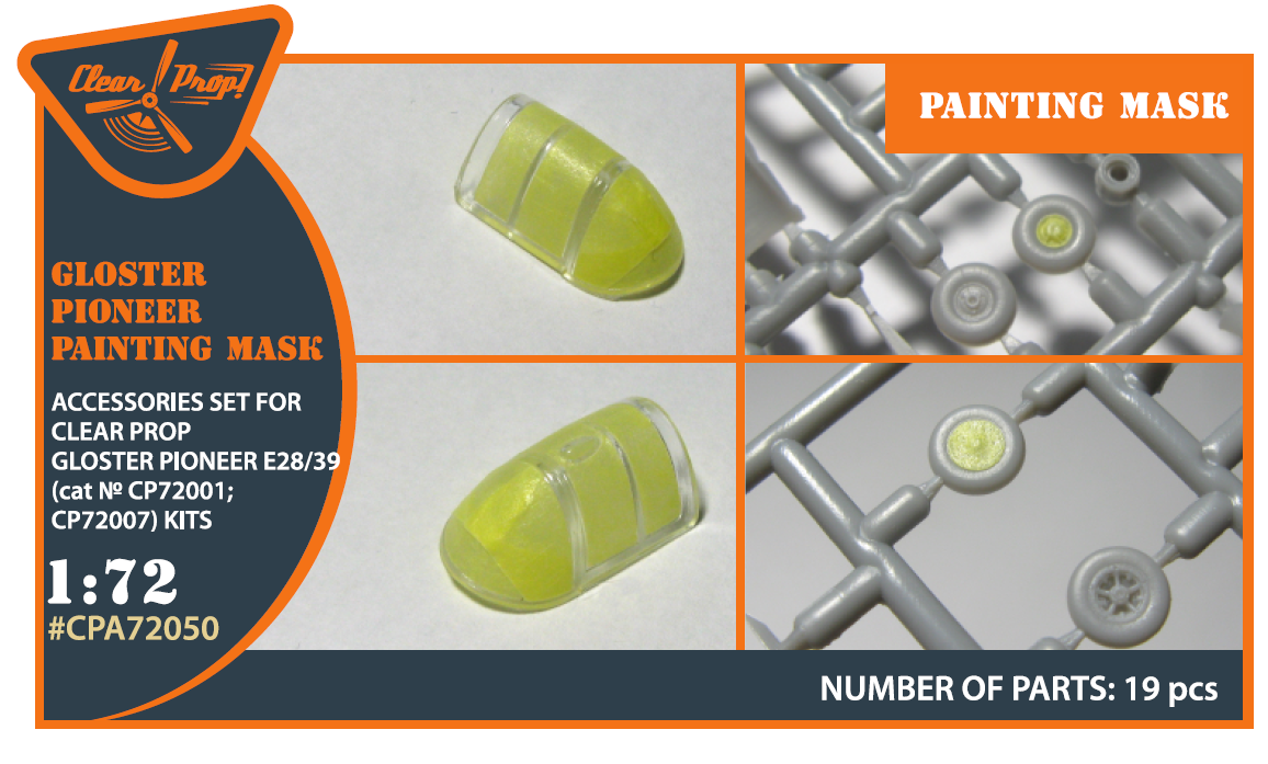 Gloster E28/39 Pioneer wheels and canopy frame paint mask (outside only) 'yellow kabuki paper' (designed to be used with Clear Prop Models kits)