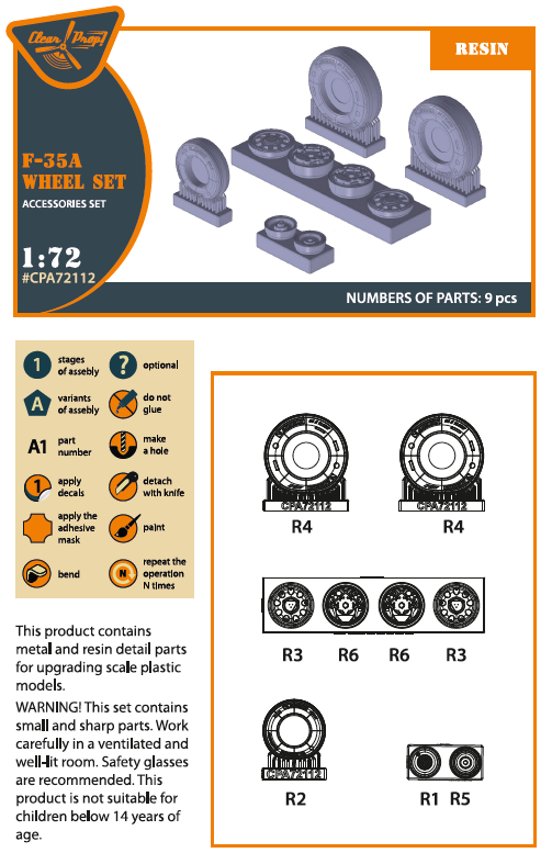 Lockheed-Martin F-35A Lightning II weighted wheel set (designed to be used withAcademy, Airfix, Fujimi, Hasegawa, Italeri, PM Model, Revell and Tamiya kits)
