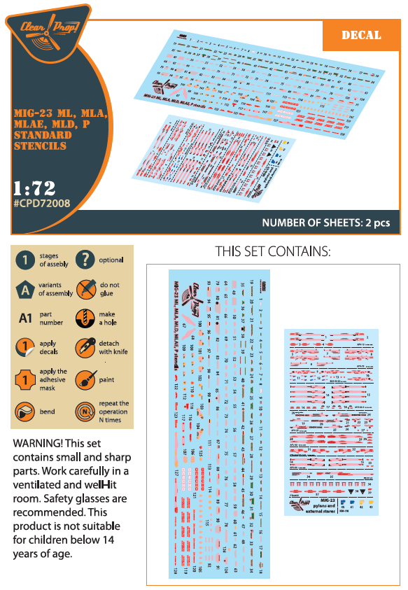 Mikoyan MiG-23ML, MiG-23MLA, MiG-23MLD, MiG-23P, MiG-23MLAE standard stencils (designed to be used with Clear Prop Models kits) and other