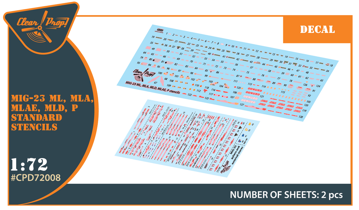 Mikoyan MiG-23ML, MiG-23MLA, MiG-23MLD, MiG-23P, MiG-23MLAE standard stencils (designed to be used with Clear Prop Models kits) and other