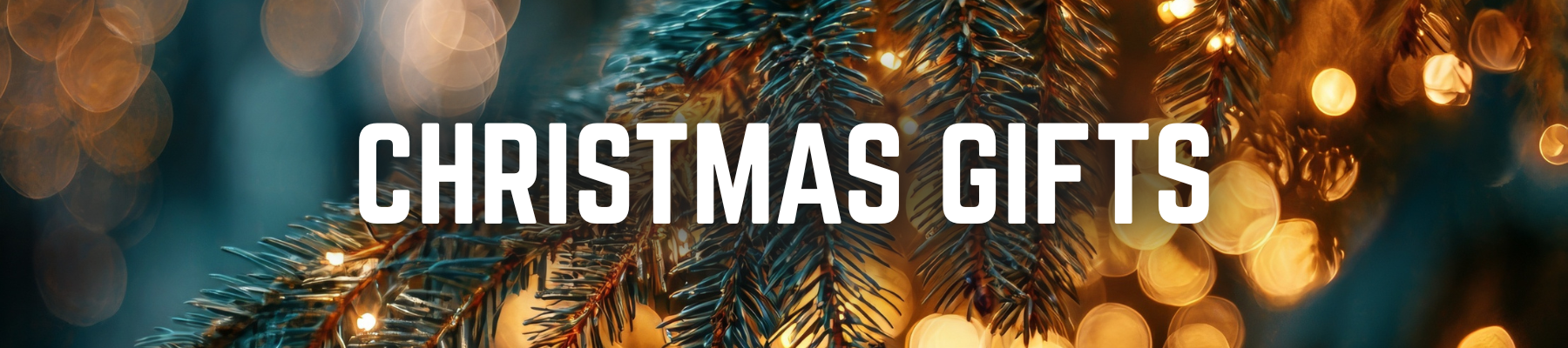 Decorative Christmas tree branch with lights and the text 'Christmas Gifts' on a blurred background.