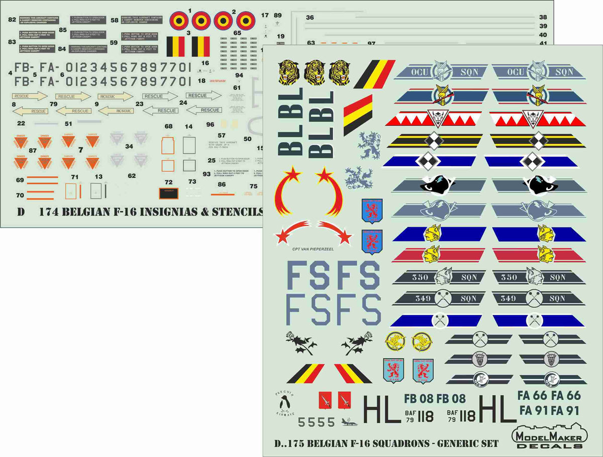 Belgian General-Dynamics F-16A/F-16B Squadrons GENERIC SET. FA-91 FA-72 FA-65 FA-66 FA-60 FB-08 FA-71 FA-28