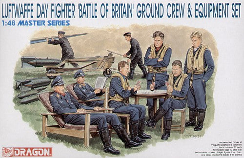 6 Luftwaffe day Fighter Crew, 2 mechanics, tables, chairs, bomb and bomb loading trolley