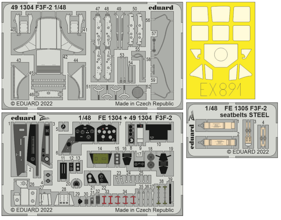 Grumman F3F-2 (designed to be used with Academy kits) This BiG-Ed set includes all these Eduard sets.....ED491304 F3F-2 1/48EDFE1305 F3F-2 seatbelts STEEL EDEX891 F3F-2 1/48