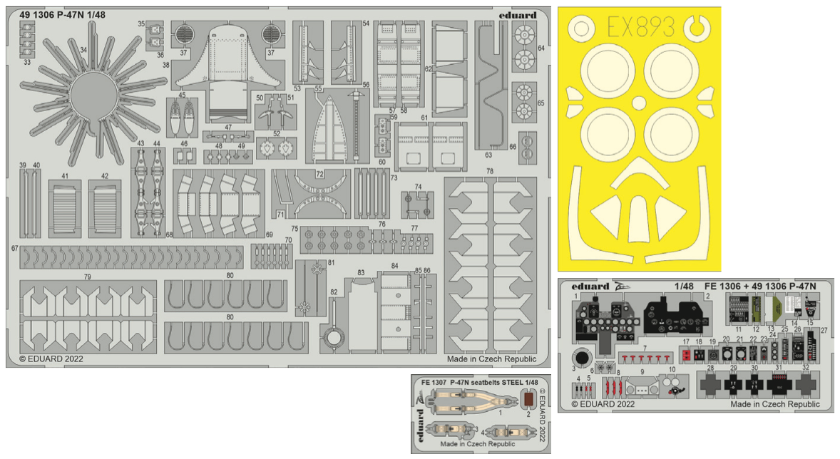 Republic P-47N Thunderbolt (designed to be used with Academy kits) This BiG-Ed set includes all these Eduard sets.....ED491306 P-47NEDEFE1307 P-47N seatbelts STEEL EDEX893 P-47N 1/48 (Eduard sold out October 2025)