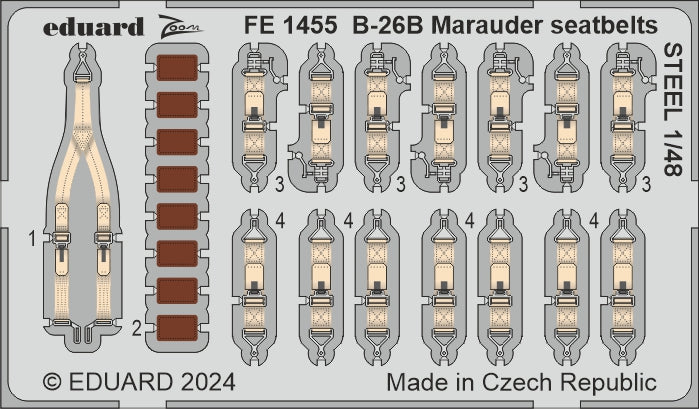 Martin B-26B Marauder PART I 1/48 (designed to be used with ICM UA UK kits) This BiG-Ed set includes all these Eduard sets..... 491454 B-26B Marauder cockpit & nose interior FE1455 B-26B Marauder seatbelts STEEL EX1044 B-26B Marauder