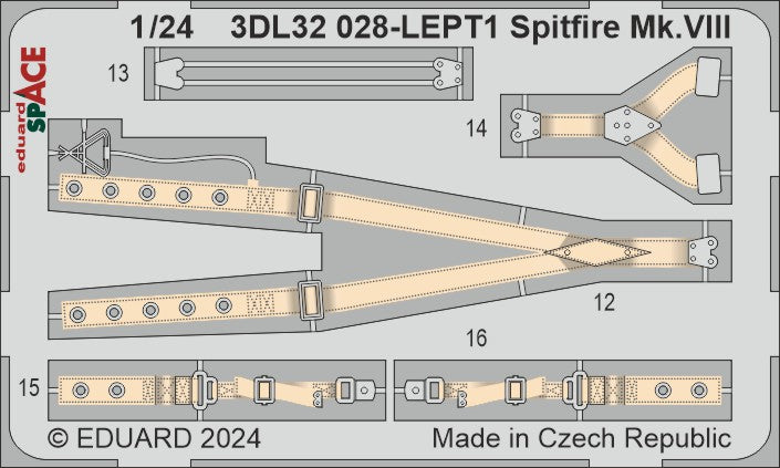 Supermarine Spitfire Mk.VIII SPACE - 3D-printed waterslide instrument decals and etched seat-belts (designed to be used with Airfix kits)