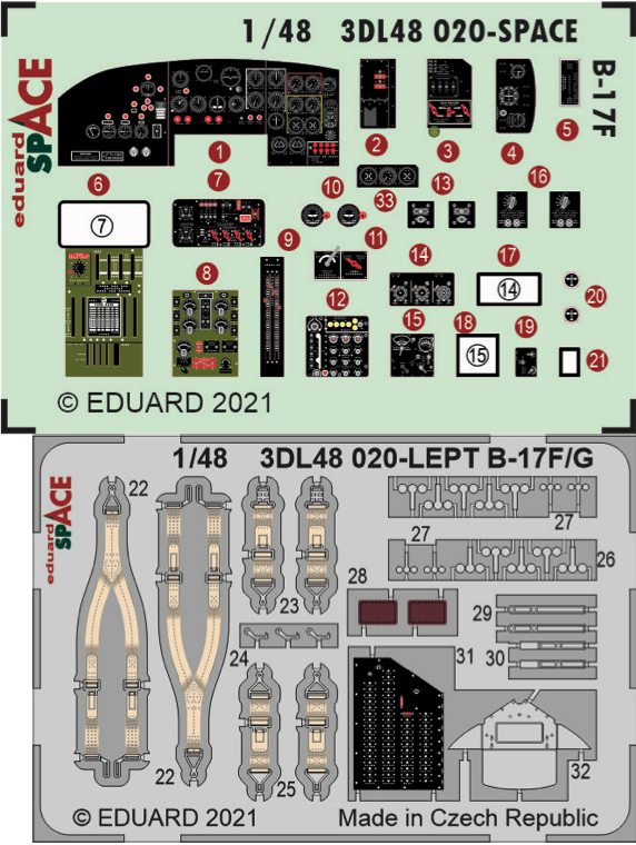 Boeing B-17F Flying Fortress SPACE (3D-Printed) instrument decals, seatbelts and details (designed to be used with Hong Kong Models kits)