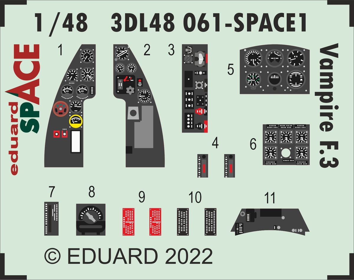 de Havilland Vampire F.3 SPACE 3D Decal instruments with etched parts (designed be used with Airfix kits)