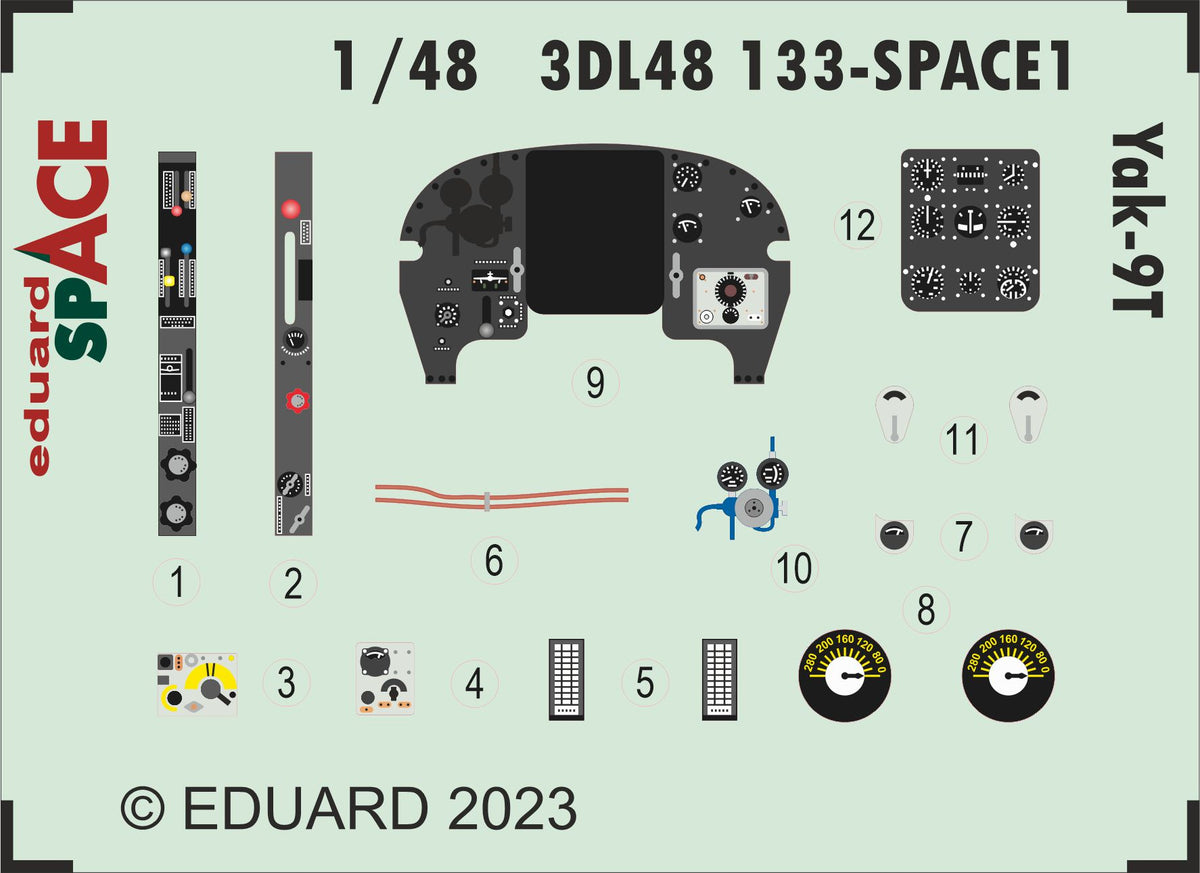 Yakovlev Yak-9T SPACE - 3D-printed waterslide instrument decals and etched seat-belts (designed to be used with Zvezda kits)
