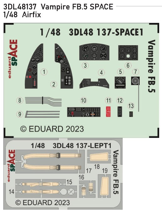 de Havilland Vampire FB.5 SPACE - 3D-printed waterslide instrument decals and etched seat-belts (designed to be used with Airfix kits)