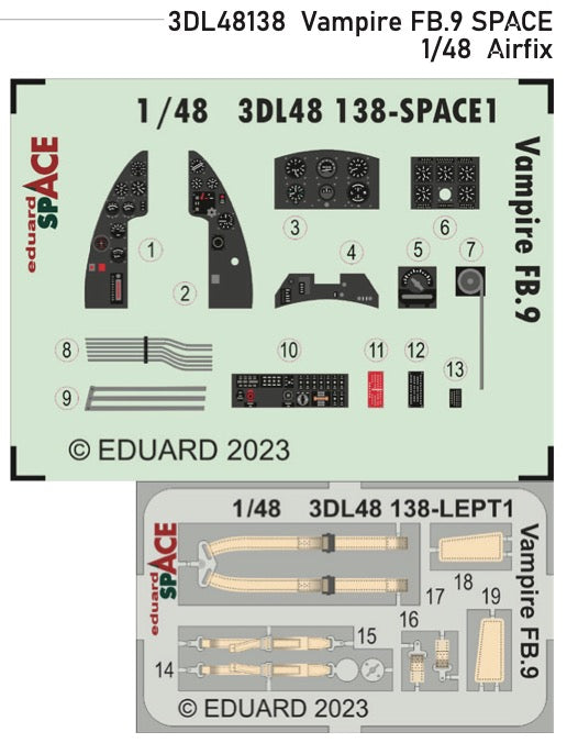 de Havilland Vampire FB.9 SPACE - 3D-printed waterslide instrument decals and etched seat-belts (designed to be used with Airfix kits)