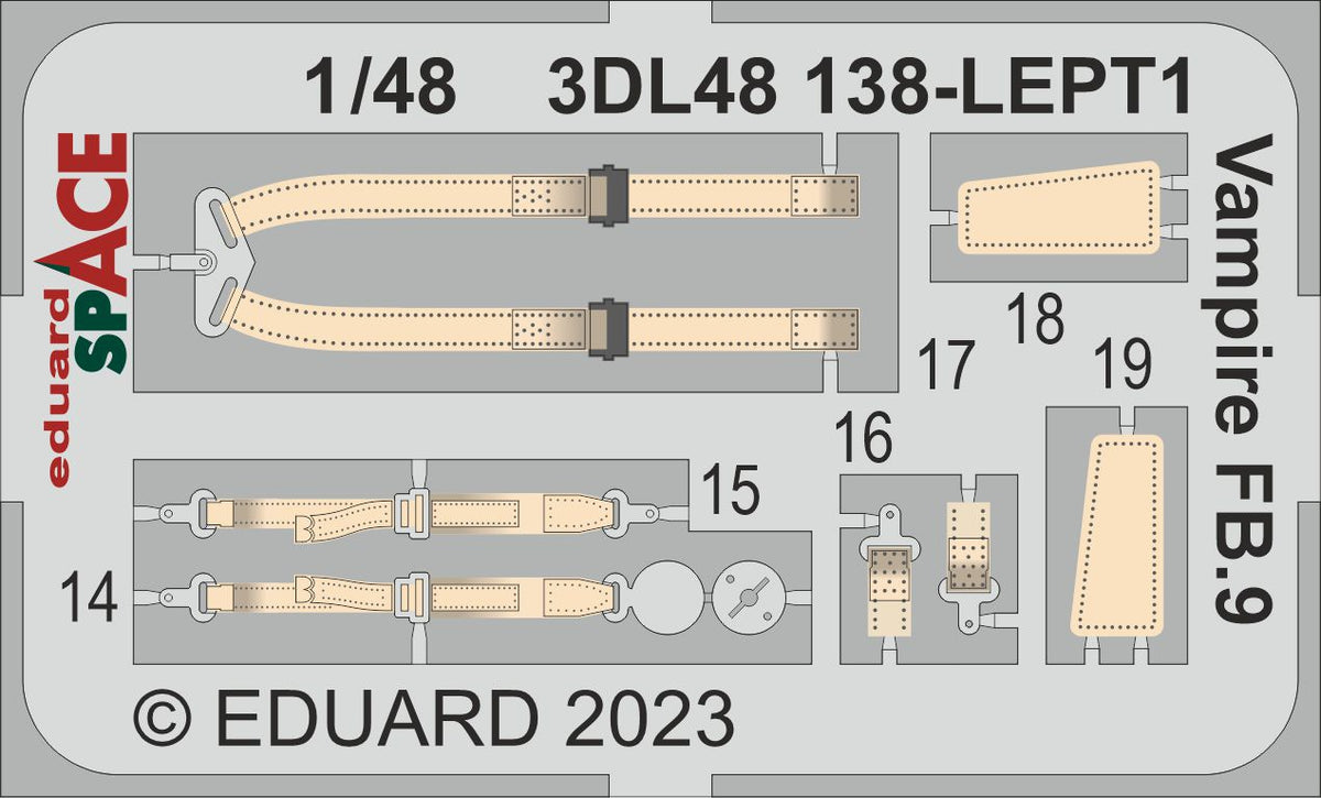 de Havilland Vampire FB.9 SPACE - 3D-printed waterslide instrument decals and etched seat-belts (designed to be used with Airfix kits)
