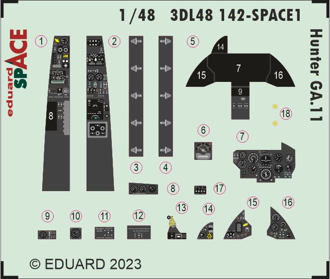 Hawker Hunter GA.11 SPACE - 3D-printed waterslide instrument decals and etched seat-belts (designed to be used with Airfix kits)
