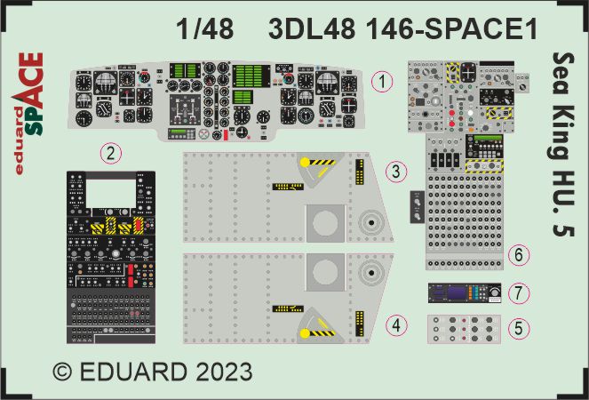 Westland Sea King HU.5 SPACE - 3D-printed waterslide instrument decals and etched seat-belts (designed to be used with Airfix kits)