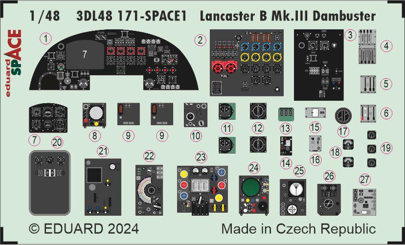 Avro Lancaster B Mk.III Dambuster - 3D-printed waterslide instrument decals and etched seat-belts (designed to be used with Hong Kong Models kits)