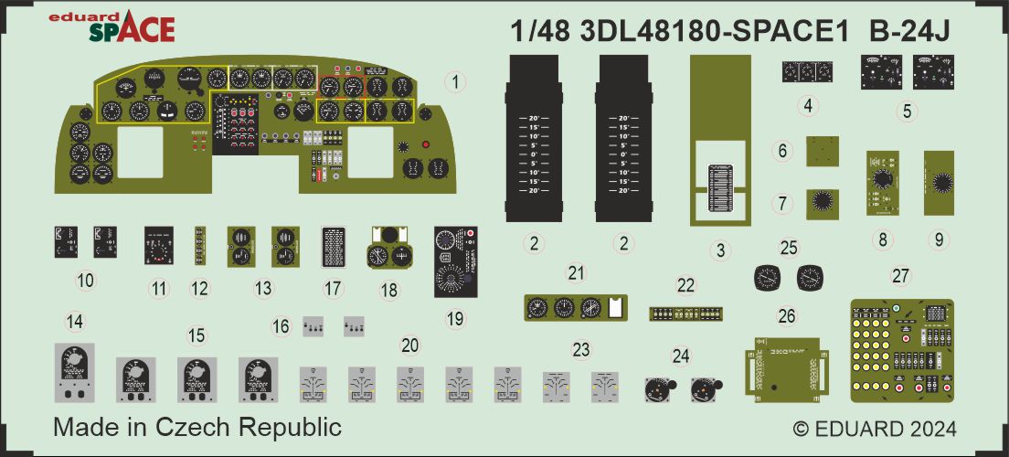 Consolidated B-24J Liberator - 3D-printed waterslide instrument decals and etched seat-belts (designed to be used with Hobby Boss kits)