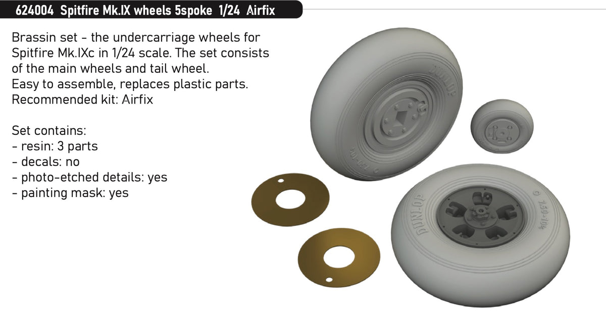 Supermarine Spitfire Mk.IXc wheels 5 spoke 1/24 (designed to be used with Airfix kits)