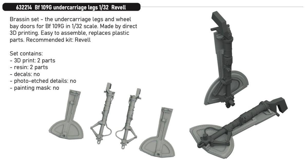 Messerschmitt Bf-109G undercarriage legs (3D-Printed) and undercarriage doors RESIN 1/32 (designed to be used with Revell kits)