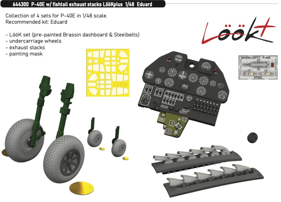 Curtiss P-40E Warhawk detail set with fishtail exhaust stacks, wheels, instrument panels, canopy mask LööKplus series (designed to be used with Eduard kits)