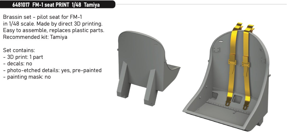 General-Motors FM-1 Wildcat/Martlet Mk.V. seat (3D-Printed) 1/48 (designed to be used with Tamiya kits)
