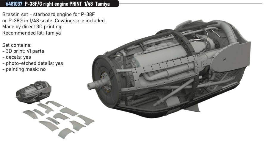 Lockheed P-38F/P-38G Lightning right engine (3D-Printed) 1/48 (designed to be used with Tamiya kits)