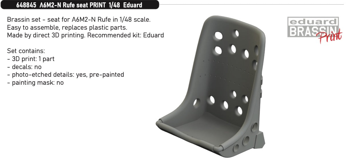 Nakajima A6M2-N Rufe seat (3D-Printed) (designed to be used with Eduard kits)