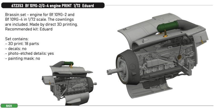 Messerschmitt Bf-109G-2 /Bf-109G-4 engine (3D-Printed) 1/72 (designed to be used with Eduard kits)
