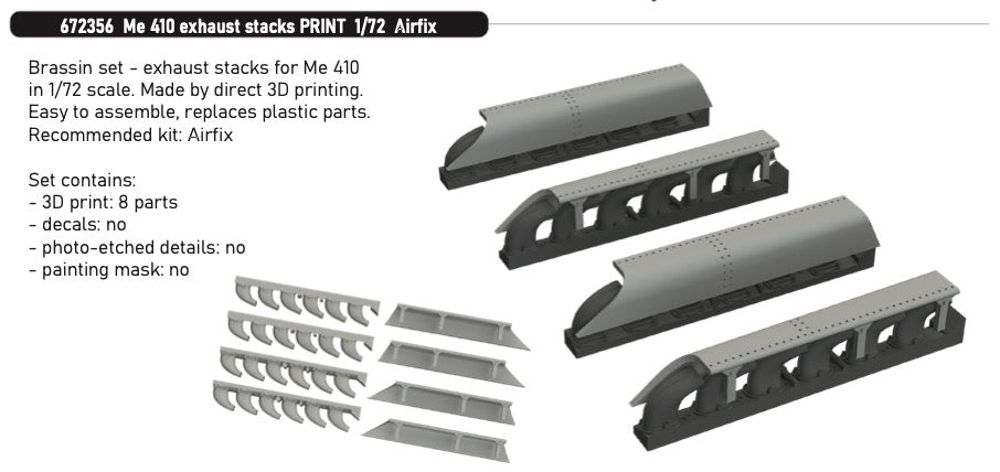 Messerschmitt Me-410A-1/U-2 exhaust stacks (3D-Printed) 1/72 (designed to be used with Airfix kits)
