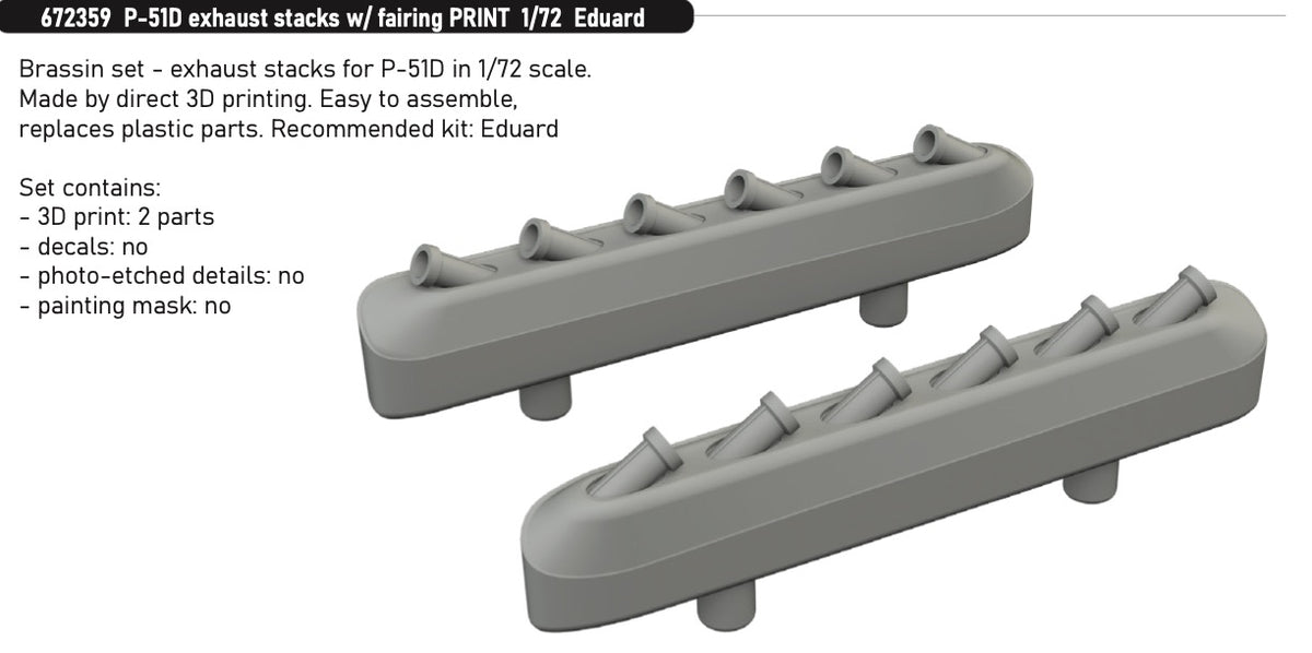 North-American P-51D Mustang exhaust stacks with fairing (3D-Printed) 1/72 (designed to be used with Eduard kits)