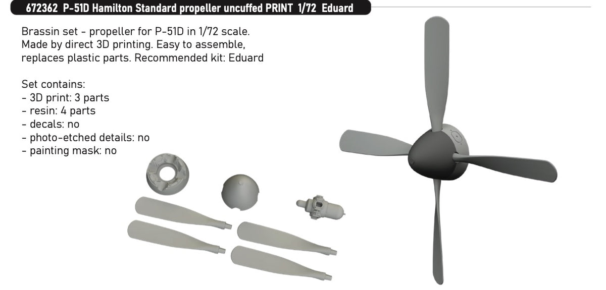 North-American P-51D Mustang Hamilton Standard propeller uncuffed (3D-Printed) 1/72 (designed to be used with Eduard kits)