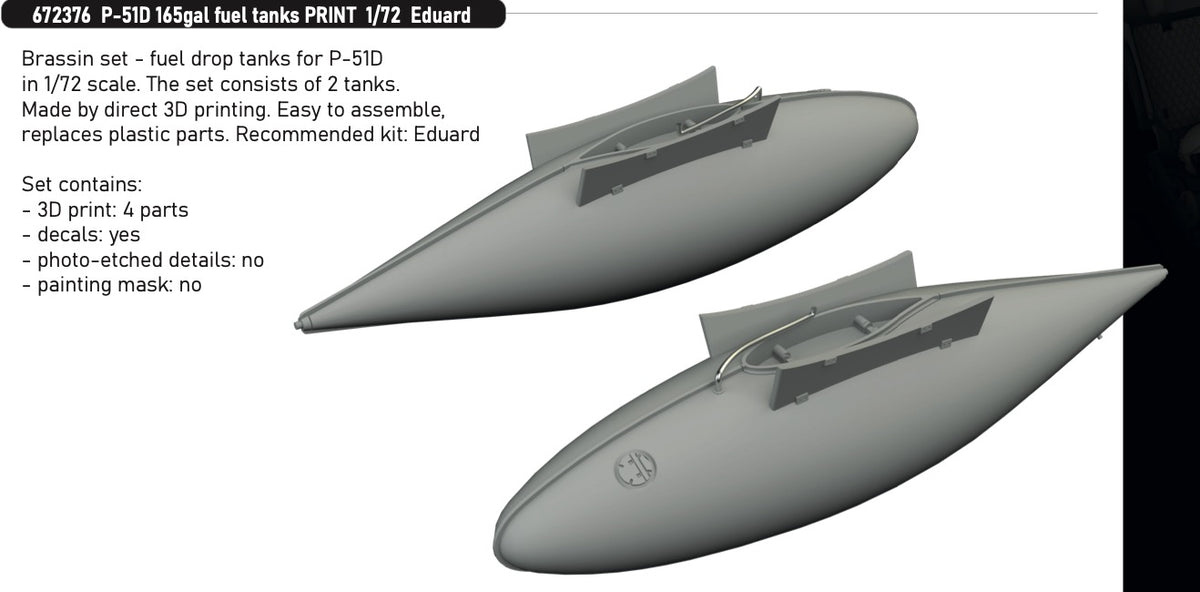 North-American P-51D Mustang 165gal fuel tanks (3D-Printed) 1/72 (designed to be used with Eduard kits)