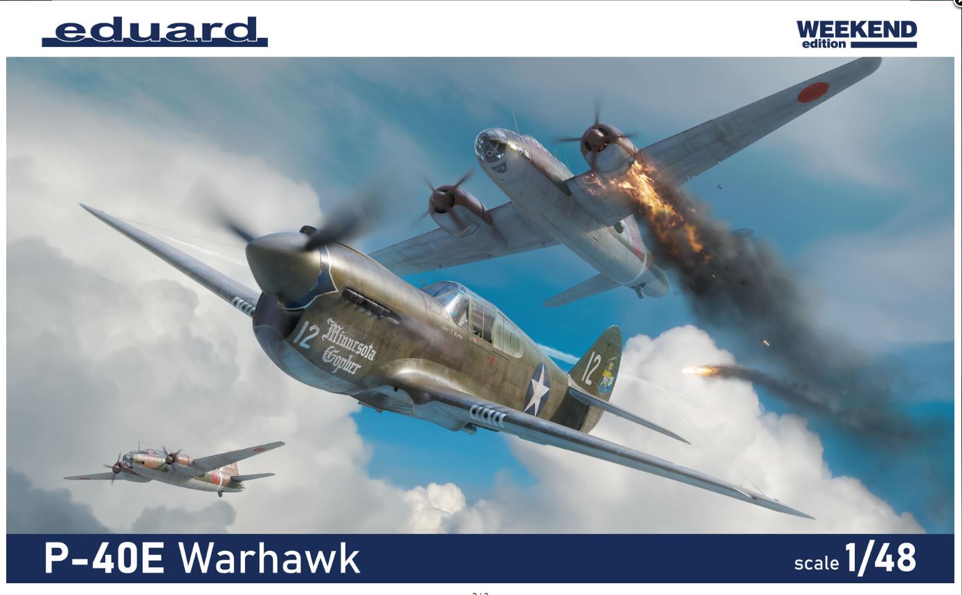 Model kit packaging of P-40E Warhawk airplane with 'eduard' branding.