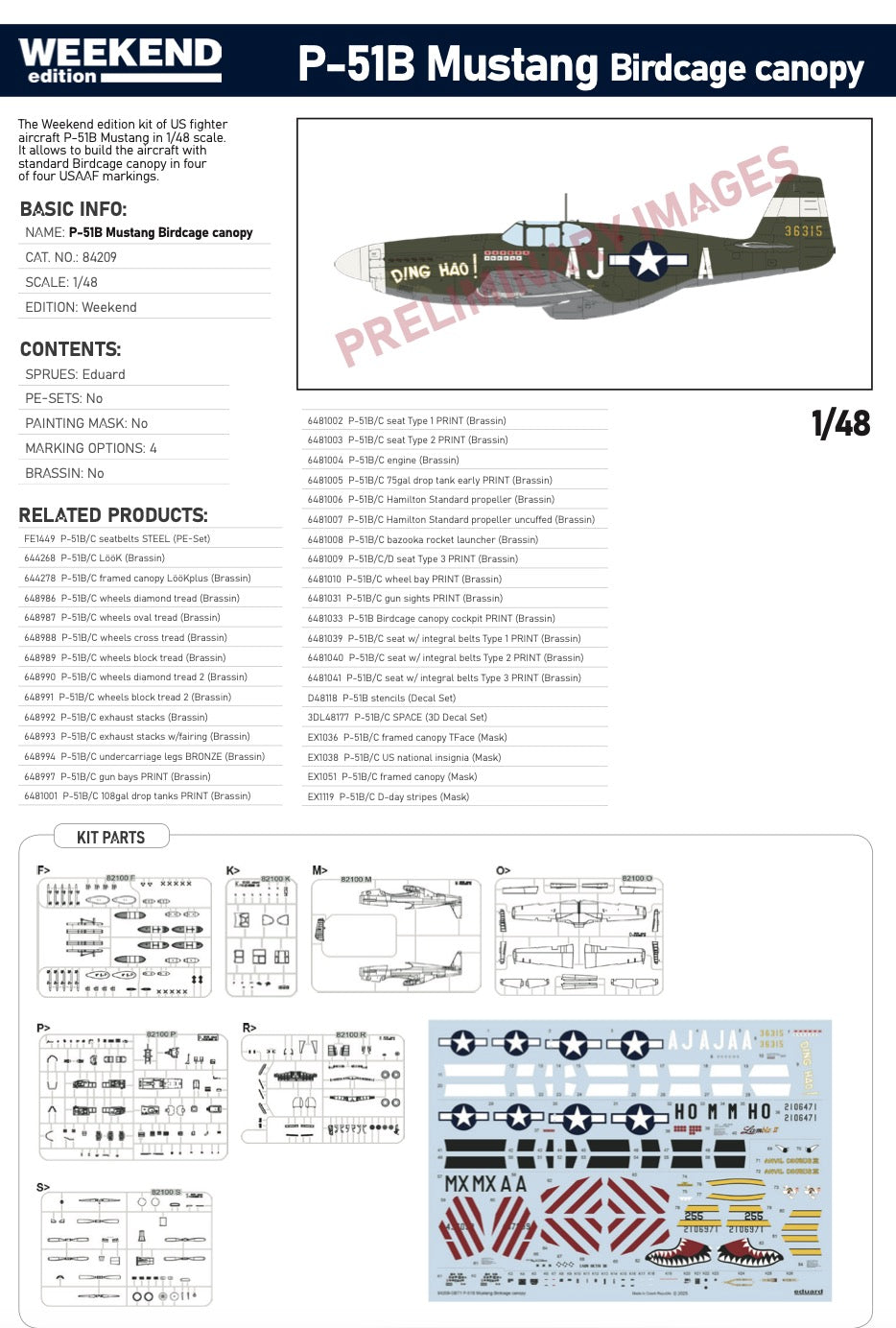 P-51B Mustang Birdcage canopy kit information sheet with model airplane illustration and text.