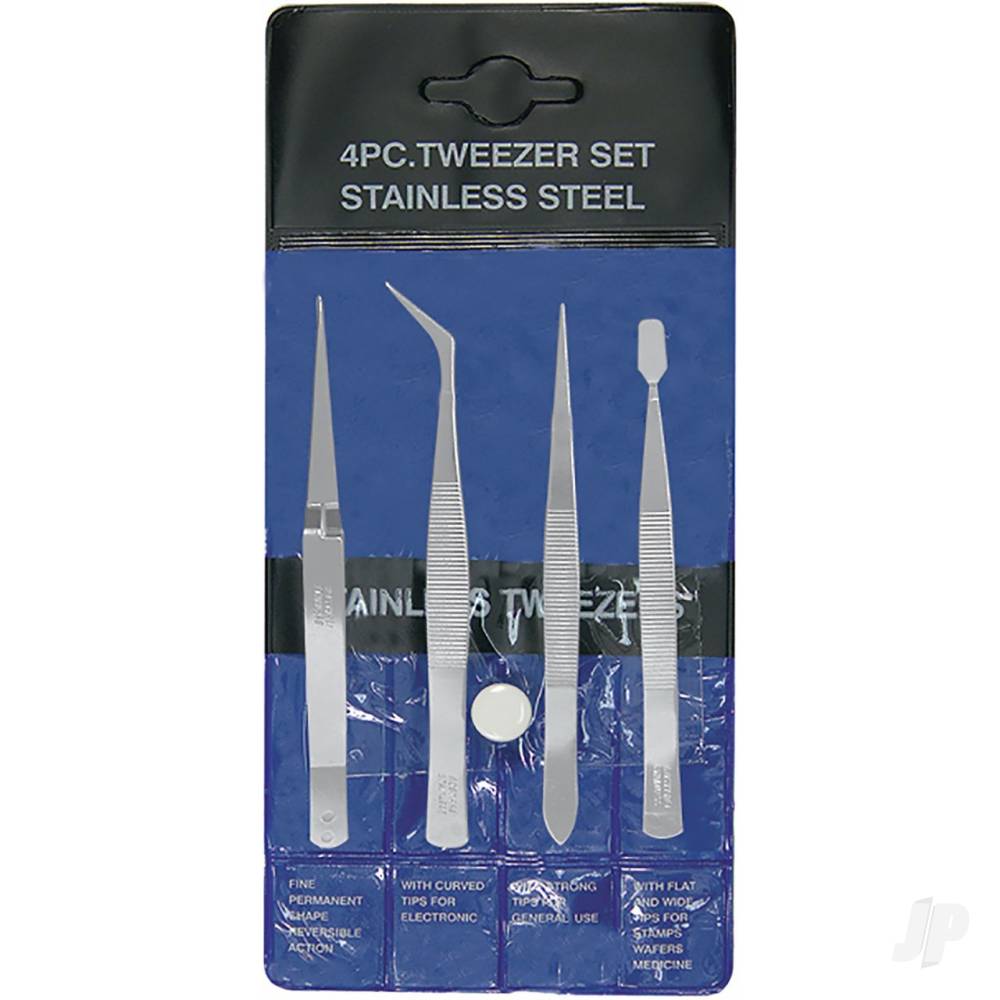 Excel 4-Piece Stainless Steel Tweezer Set with Pointed, Self Closing, Stamp, Curved (4 pcs) (Pouch) EXL30416