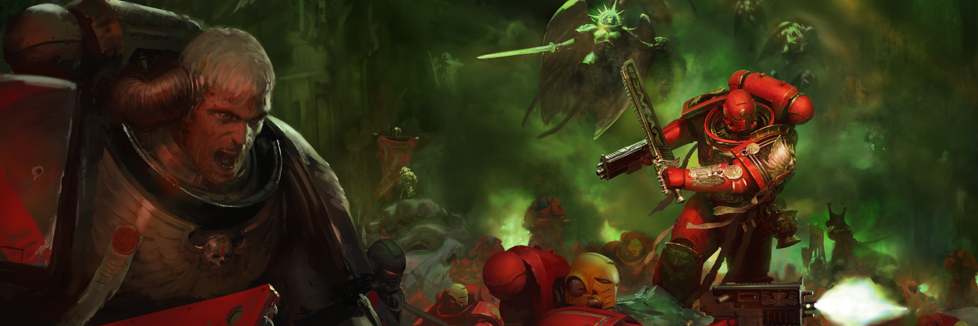 Fantasy warrior in armor facing a red robot-like creature in a dark, green-lit environment.