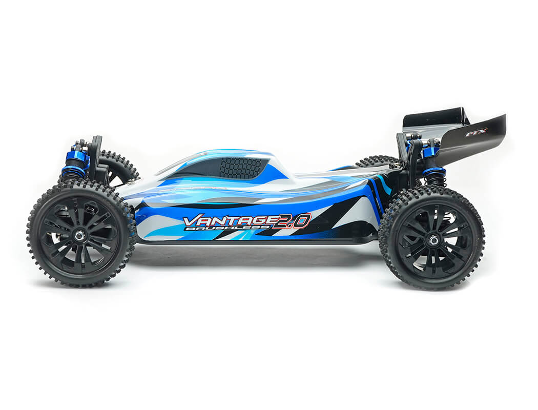 Blue and black remote control car with 'Vantage 2.0' branding on a white background