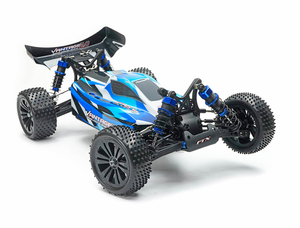 Blue and black remote control car on a white background