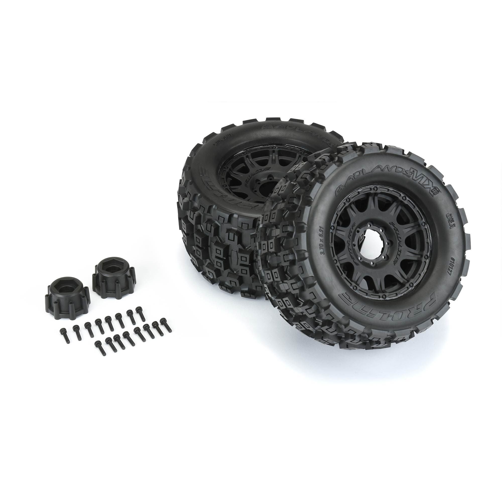 1/8 Badlands MX38 F/R 3.8" MT Tires Mounted 17mm Blk Raid (2