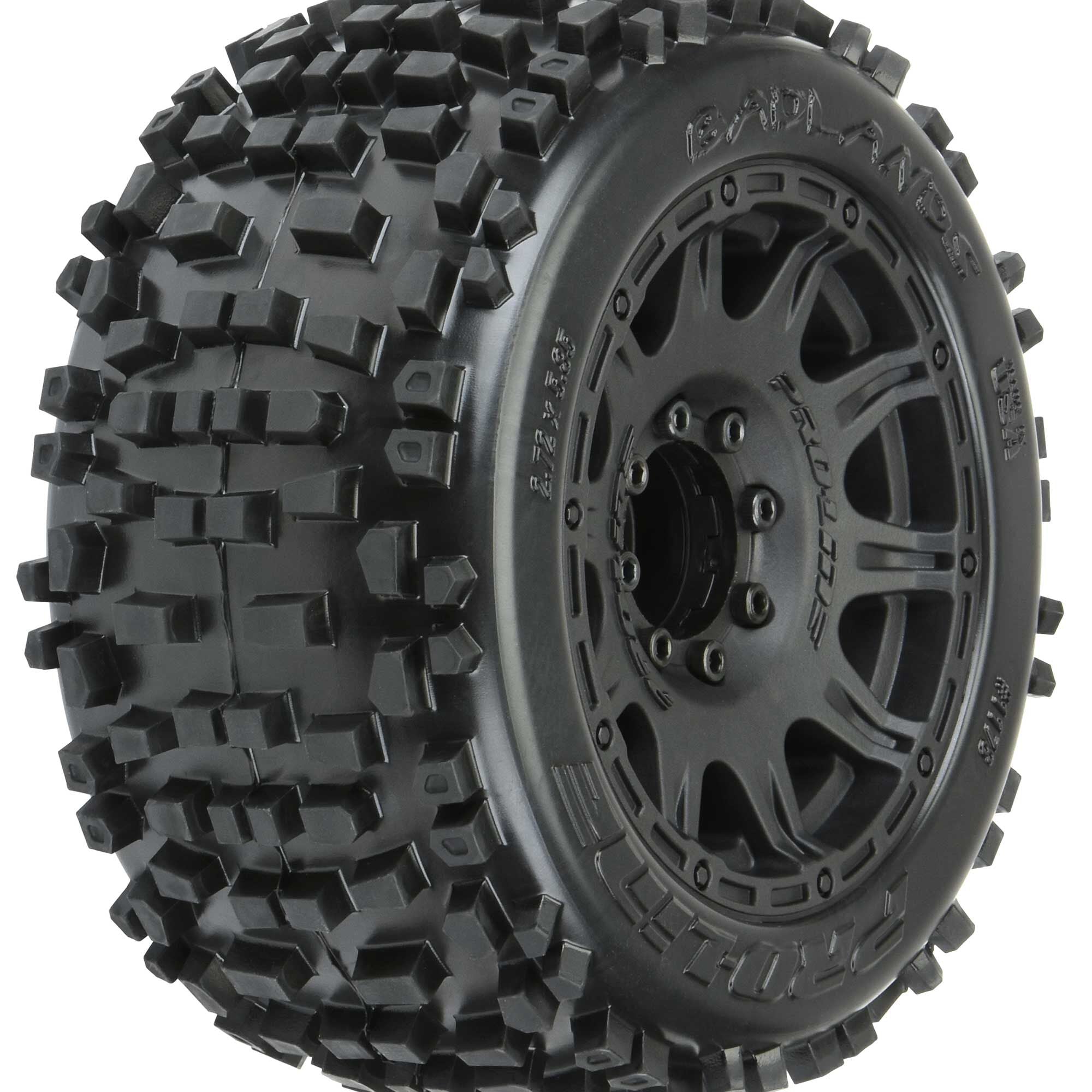 1/8 Badlands F/R 3.8" MT Tires Mounted 17mm Blk Raid (2)