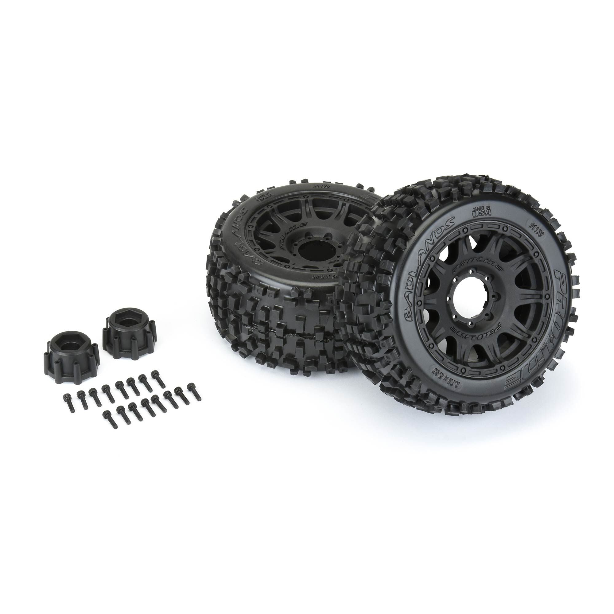 1/8 Badlands F/R 3.8" MT Tires Mounted 17mm Blk Raid (2)