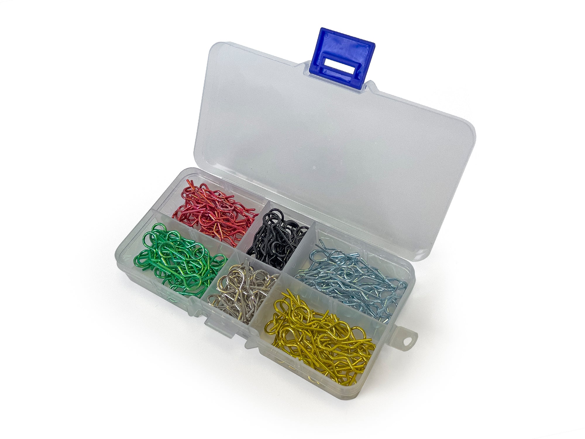 Assorted body clips in a clear plastic case with a blue lid on a white background