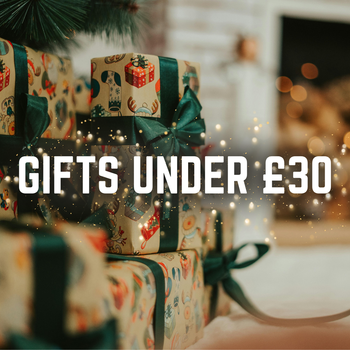 Decorative Christmas presents with text 'Gifts Under £30' on a festive background.