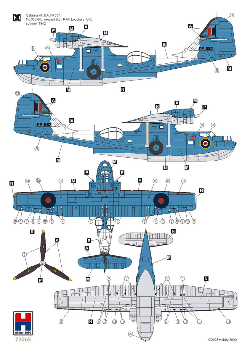 Detailed diagram of a blue airplane with labeled parts on a white background