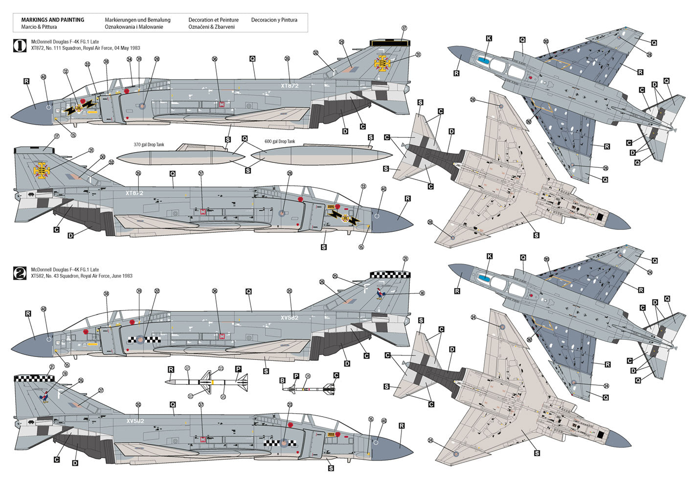 Decal sheet for model airplanes with various markings and details.
