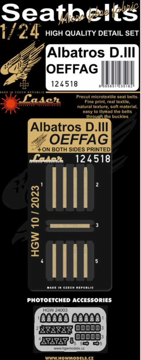 ALBATROS D.III OEFFAG - SEATBELTS Belts are made from real microfibre and in combination with included photo etched buckles they look highly realistic. This product is available in 1/24 scale and is designed for Lukgraph kit.