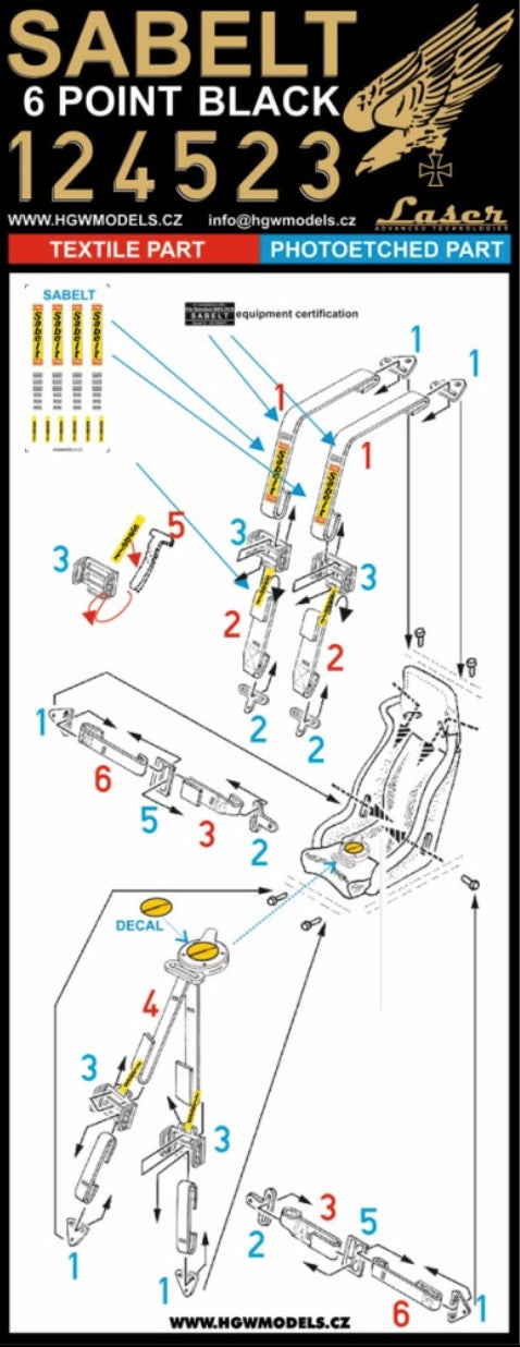 SABELT 6 POINT BLACK - SEATBELTS 1/24 - Belts are made from real microfibre and in combination with included photo etched buckles they look highly realistic. This product is available in 1/24 scale.s