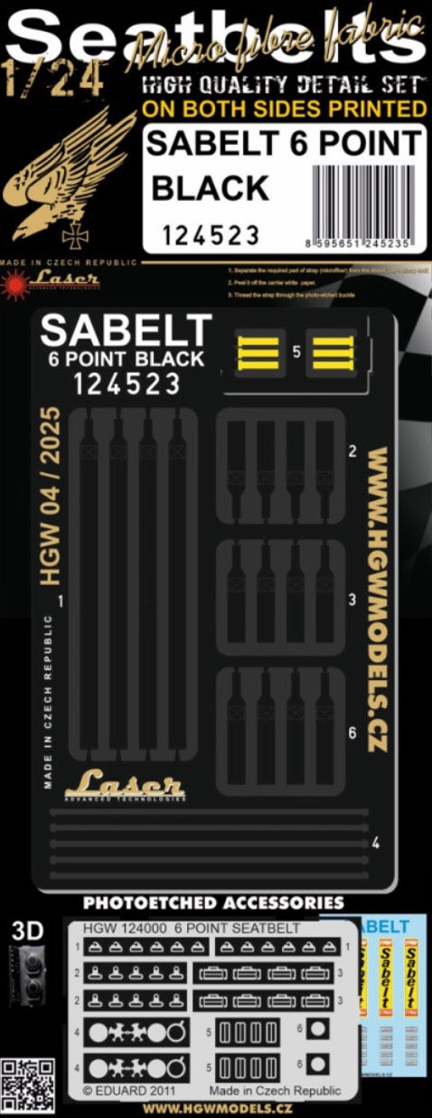 SABELT 6 POINT BLACK - SEATBELTS 1/24 - Belts are made from real microfibre and in combination with included photo etched buckles they look highly realistic. This product is available in 1/24 scale.s